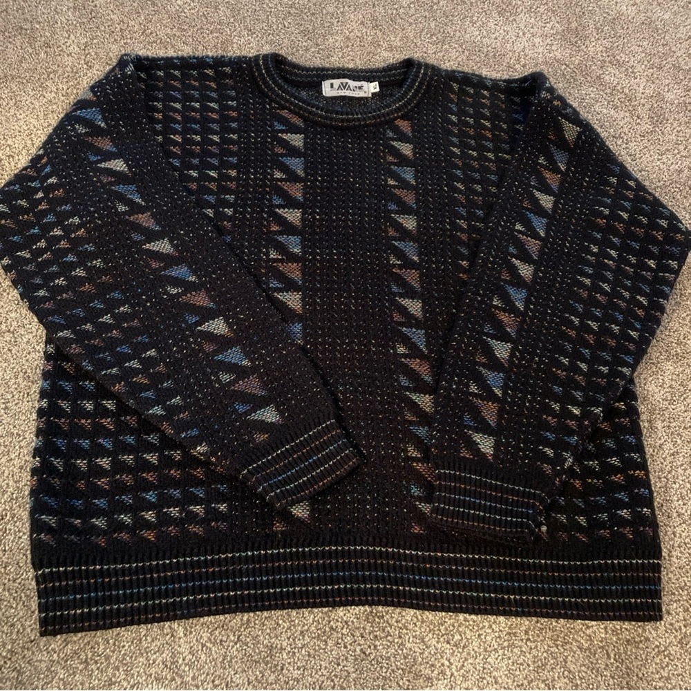Vintage Lavane NY Sweater Men XL Black Abstract Knit Crew Neck Knit Made In USA